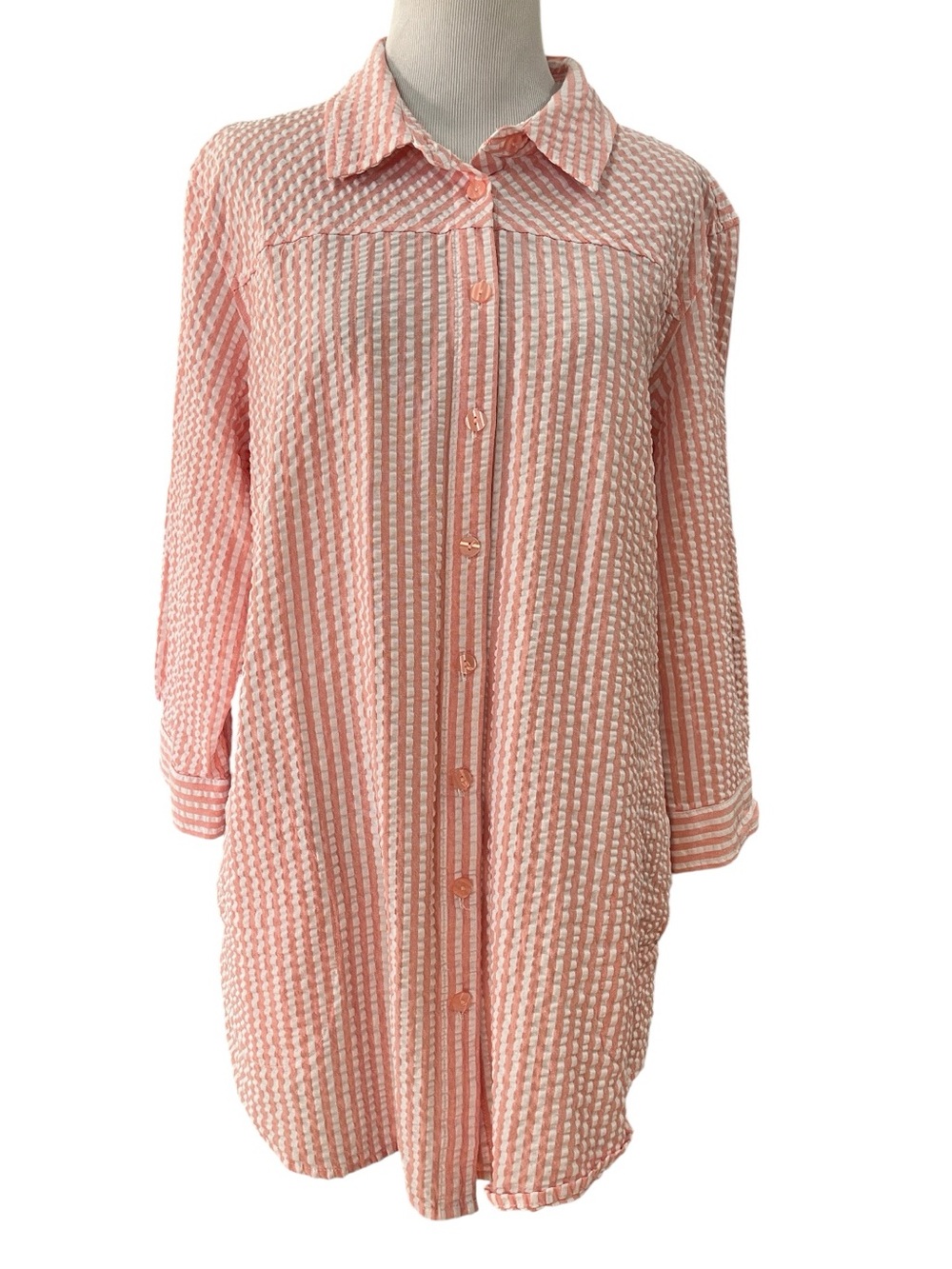JOAN RIVERS CLASSICS STRIPED SEERSUCKER BUTTON DOWN SHIRT PINK WHITE SIZE L